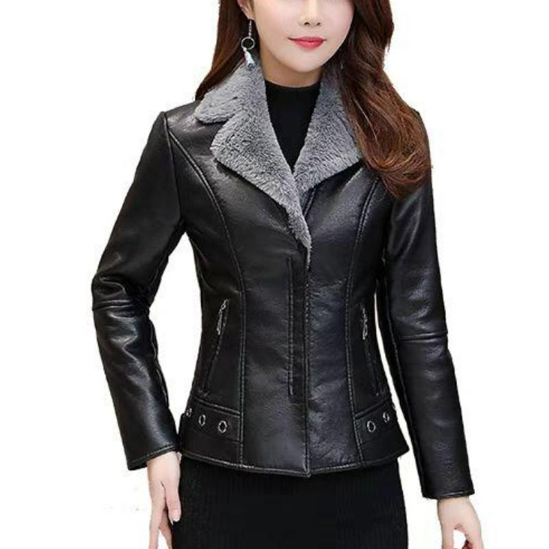 Leather Coat Thick Winter Warm Jacket Fleece Liner Women PU Leather Coat Overcoat Fur Collar