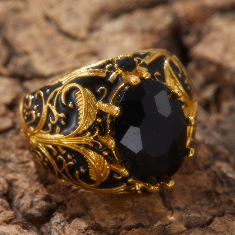 Винтажное и модное черное кольцо с инкрустированным узором из камней, Классический ювелирный аксессуар как для мужской, так и для женской моды