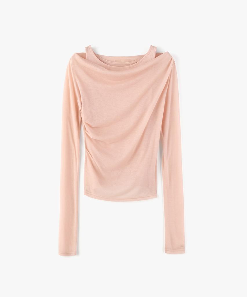 MONGDOL [Set] One-Shoulder Draping Layered T-Shirt Peach Pink Mdts088Peachpink