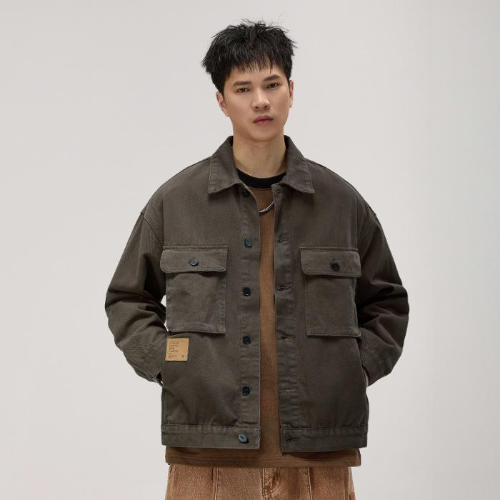 Trendy Brand American Retro Heavy Casual Denim Jacket Men'S Loose Multi-Pocket Tough Guy Tooling Lapel Jacket