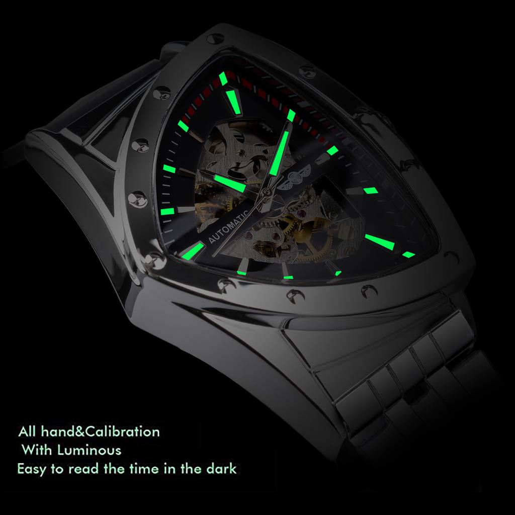 Автоматические механические часы с треугольным корпусом и скелетонированным дизайном, ремень из нержавеющей стали, модные мужские светящиеся наручные часы