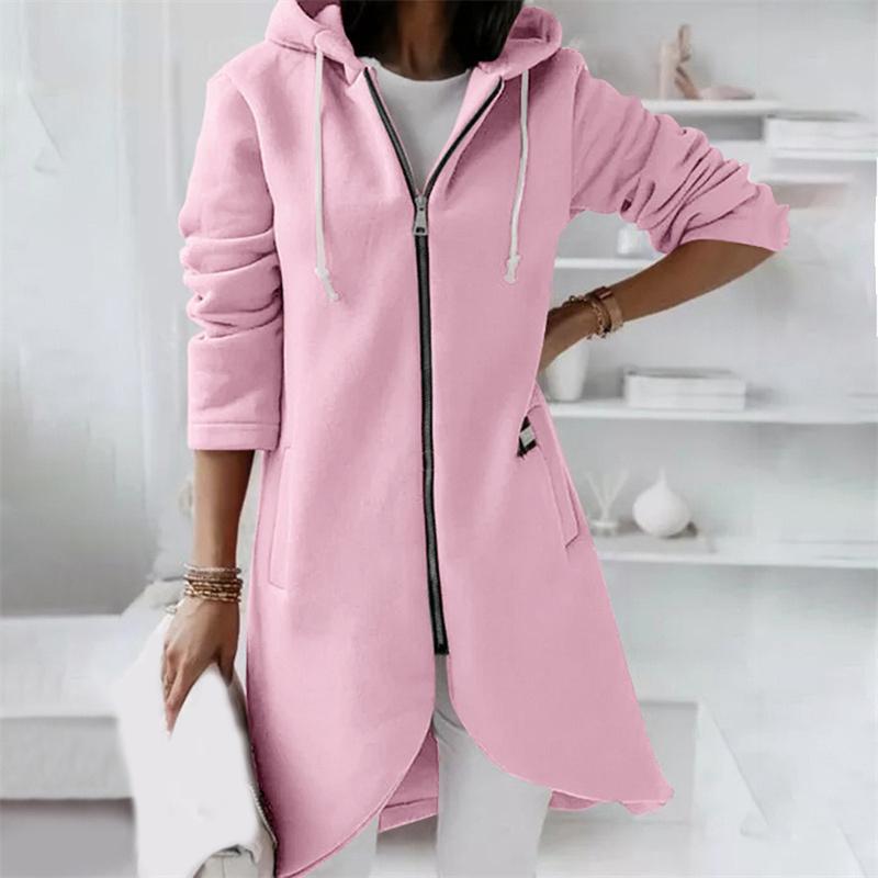 Autumn Winter Women's Solid Hooded Coat Mid Length Loose Zipper Female Windbreaker Jacket New Outdoor Cardigan Outwear