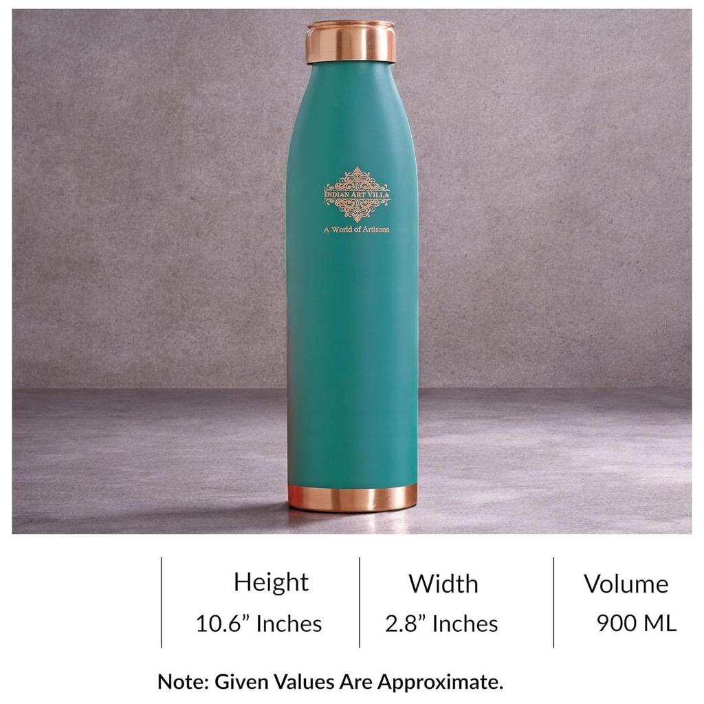 Pure Copper Lacquer Coated Green Silk Finish Water Bottle, Drinkware & Storage Purpose, Ayurvedic Health Benefits, Volume-900 ML - Pack of 1