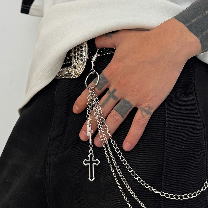 Retro Punk Rock Cross Pants Waist Chain Men Women Jeans Chain Cross Pendant Keychain Jeans Unisex Hip-Hop Jewelry Gift