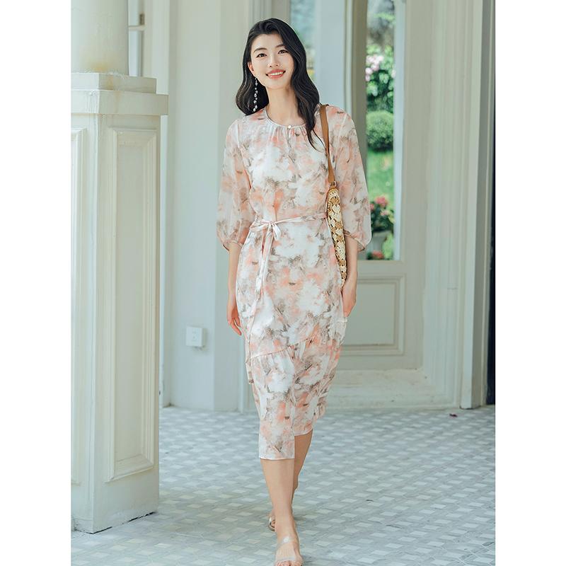 Jiuzi Anna Kou 100% Silkworm Silk Blended Wind Printed Waist Dress for Women 2025 Summer New Style