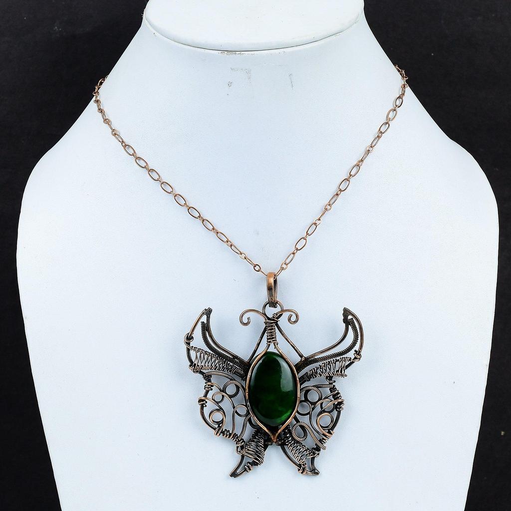 Подвеска из лабрадорита с зеленым огнем, обмотанная медной проволокой, подвеска ручной работы, медные украшения, подвеска с драгоценным камнем, украшения с бабочками, подарок для женщин