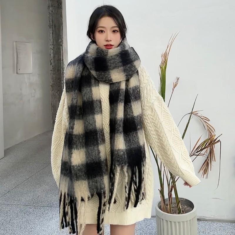 Korean Style Striped Imitation Cashmere Winter Scarf for Women - Thickened Plush Warmth