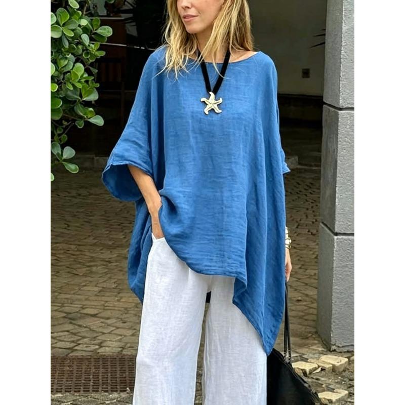 Women S Irregular Hem Solid Color Round Neck 3 4 Sleeve Casual Shirt