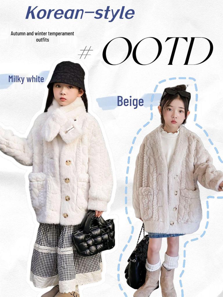 Пальто из искусственного меха для девочек в корейском стиле со шарфом - Размеры M и L, Коллекция Осень/Зима