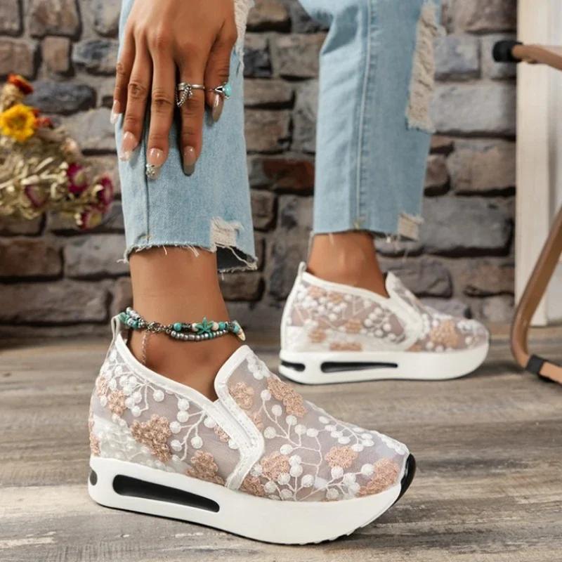 Женские босоножки на танкетке с блочным каблуком, сетчатая поверхность, женская обувь, кроссовки с толстой подошвой, дышащая повседневная обувь, шнуровка, Tenis De Mujer