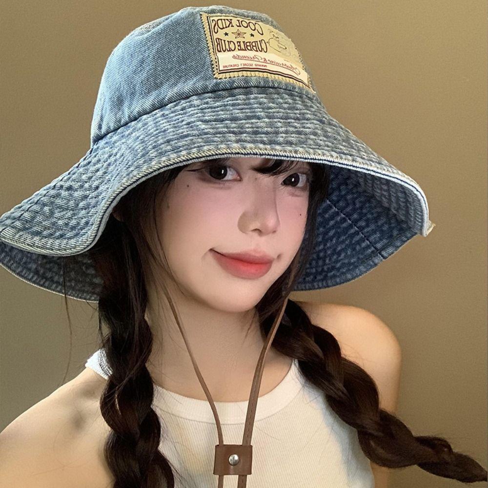 With Drawstring Women Denim Bucket Hat Windproof Western Cowboy Hats Hot Big Brim Sun Hat Summer