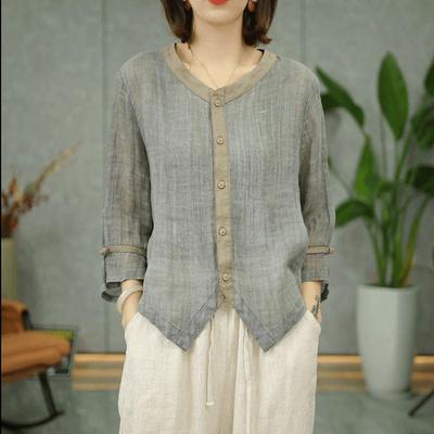Женские хлопковые льняные рубашки Летняя ретро-рубашка Свободный утягивающий топ из льна Маленькие рубашки Большие размеры Тонкая блузка