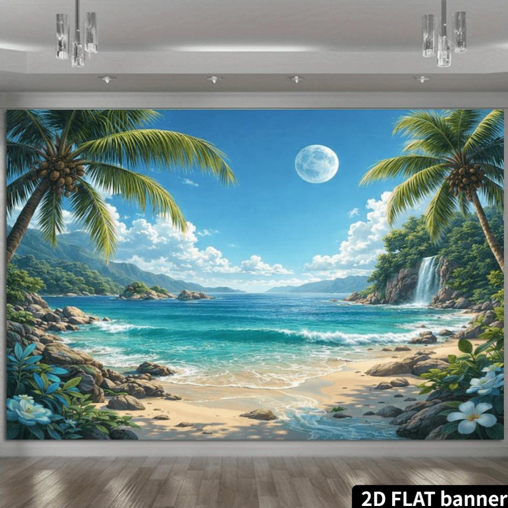 2D flat banner, summer beach commemorative background fabric. Tropical island theme, featuring two palm trees.