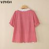 VONDA Women Short Sleeve Plaid Lace Crochet Ruffled Casual Blouse