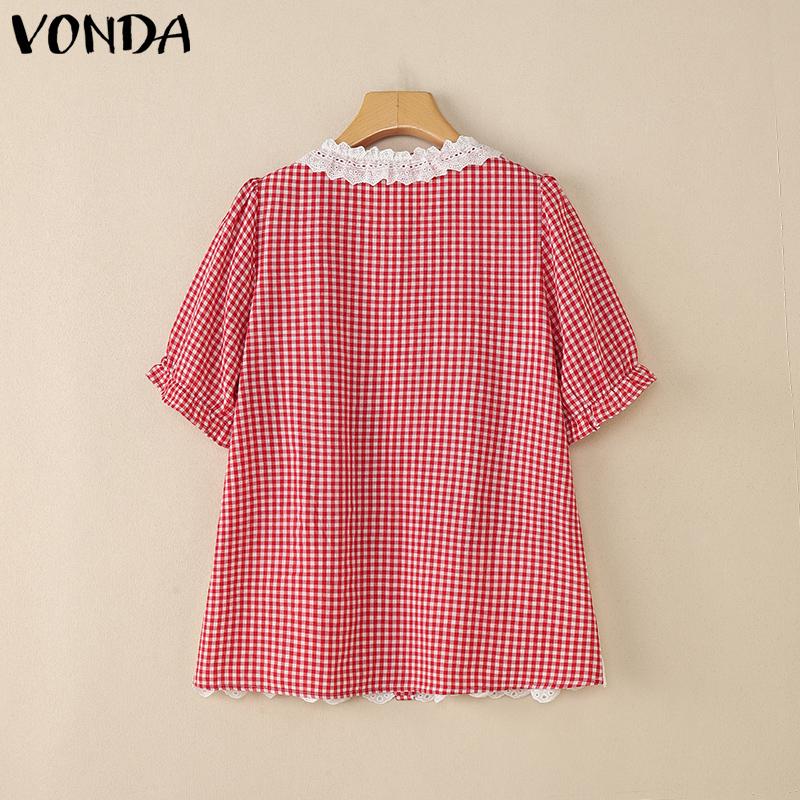 VONDA Women Short Sleeve Plaid Lace Crochet Ruffled Casual Blouse
