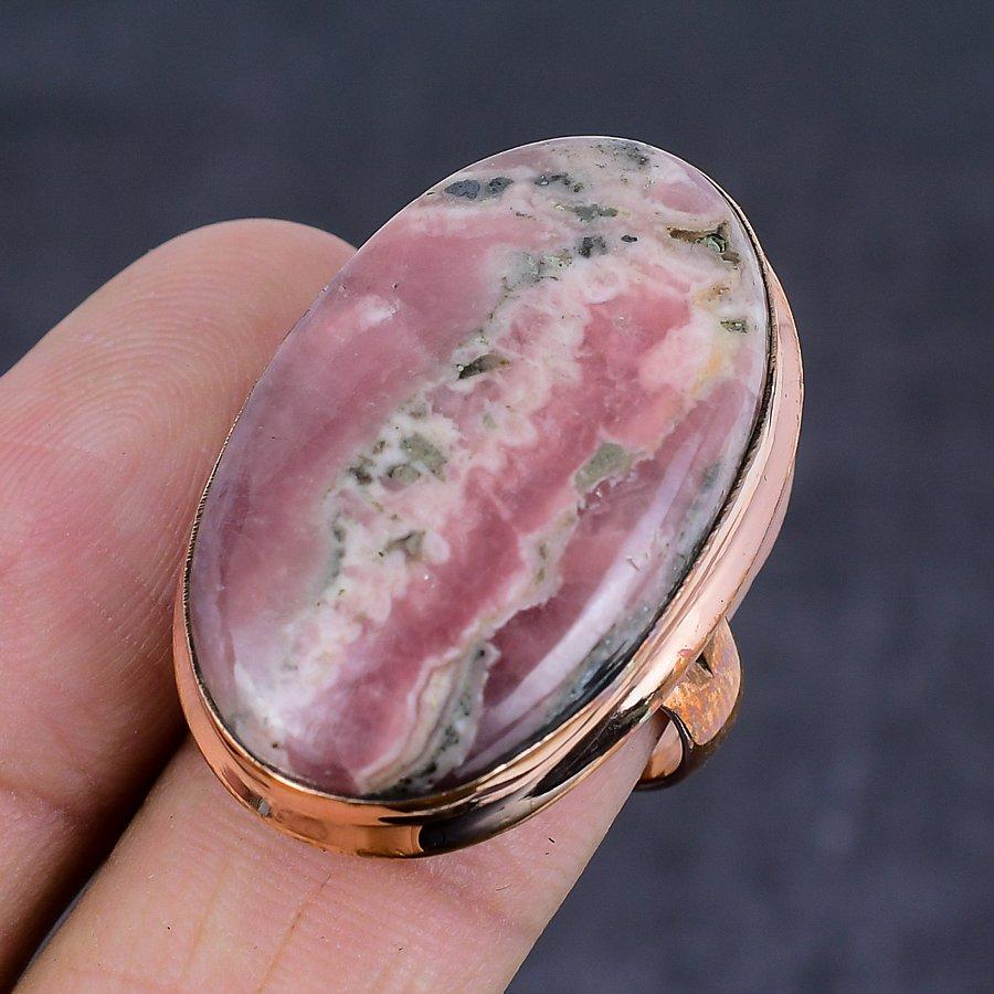 Родохрозит Этнический стиль Медное ювелирное кольцо Размер 7.5 T3D18