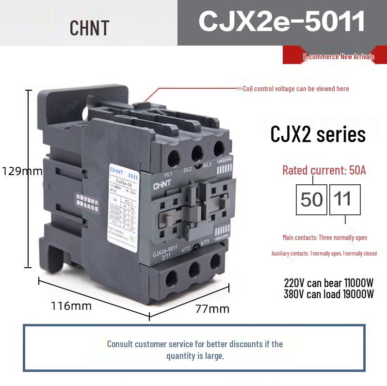Chint Three-Phase AC Contactor CJX2 Series, 220V/380V, Models: 0910, 1210, 1810, 2510