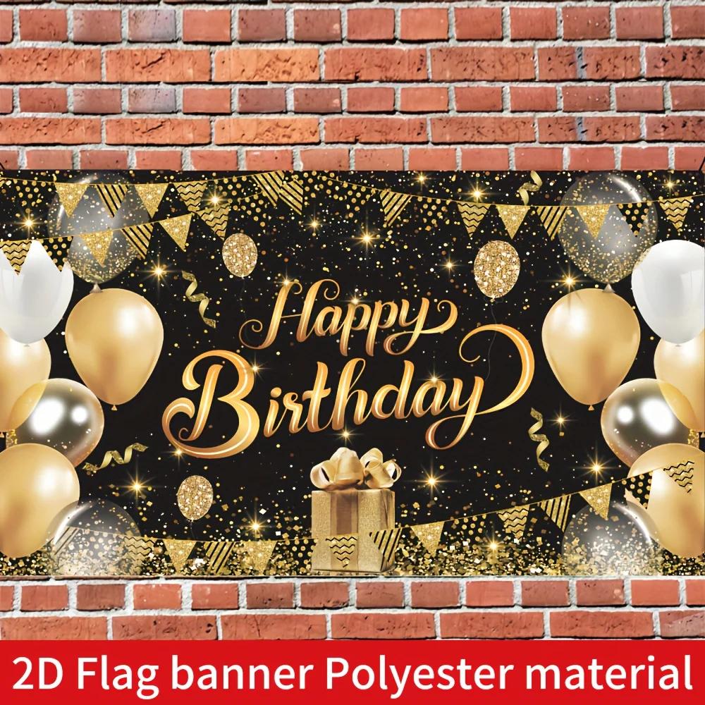 2D flag banner, 1 birthday celebration photography backdrop, black and gold glittering birthday banner background