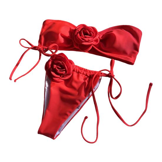 2 шт./компл. женский сексуальный комплект бикини с цветочным декором, бюстгальтер-бандо, трусы для плавания на шнуровке, комплект однотонного быстросохнущего купальника, пляжная одежда