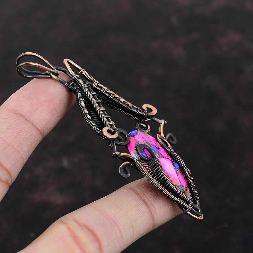 Натуральный Кингман Розовый Георгин Бирюзовый Кулон Медная Проволока Обмотка Ювелирные Изделия Подлинный Драгоценный Камень Кулон Медная Проволока Обмотка Кулон Ручная Работа Ювелирные Изделия