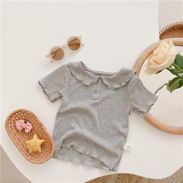 Летняя футболка для девочек из ледяного шелка с коротким рукавом и воротником Питер Пэн – однотонная, тонкий стиль, универсальный детский топ.