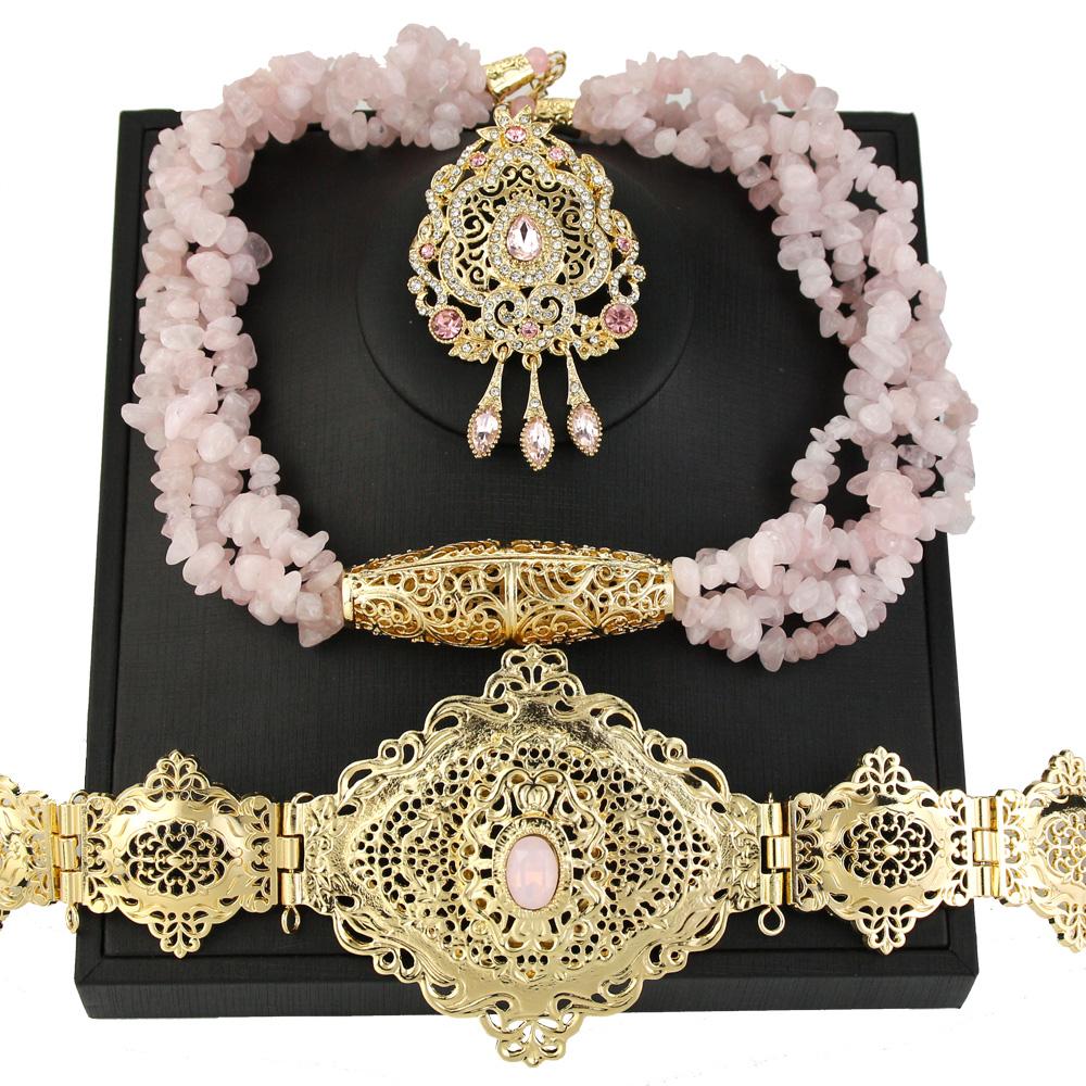Шикарные ювелирные наборы из розового камня, металлический пояс, колье, ожерелье, брошь, свадебные украшения для невесты