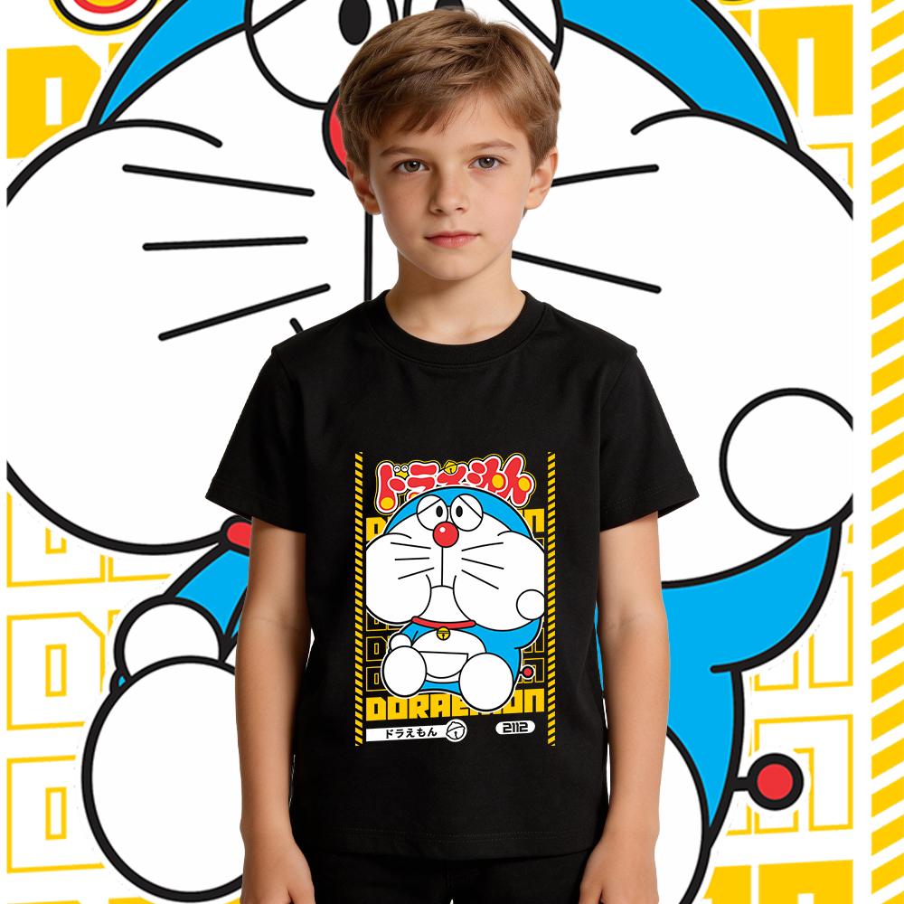 Boys Girls Cotton T Shirt Doraemon Anime Print Casual Summer Top Short Sleeve Kids Clothing Soft Breathable Children Daily Wear