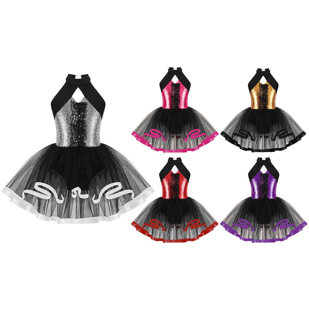 Детское балетное платье-пачка с блестками для девочек, гимнастическое трико с лямкой на шее, современный костюм для латинских джазовых танцев