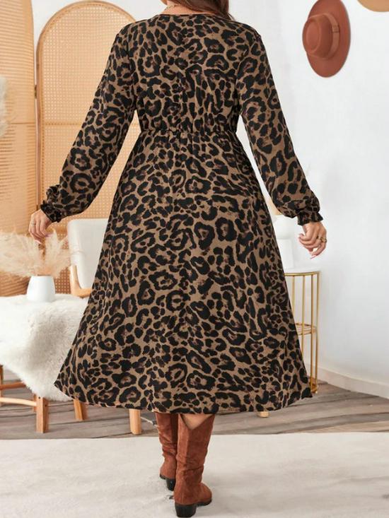 Элегантное платье большого размера с леопардовым принтом и V-образным вырезом для весны и осени