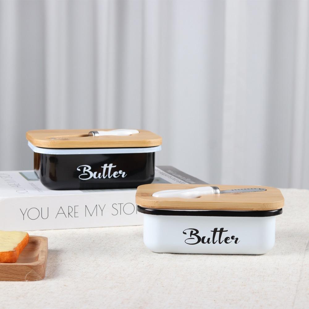 Practical Airtight Butter Dish Rectangular With Spatula Butter Storage Container Bamboo Cover Iron Butter Keeper Bread