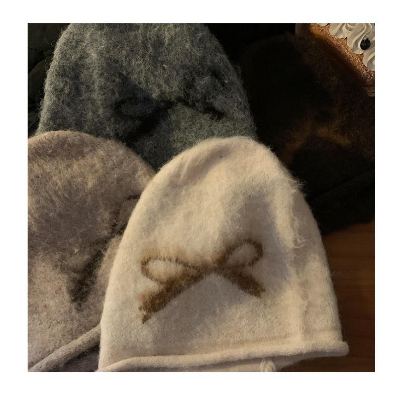 Korean Style Thick Bowknot Women S Knit Beanie Hat Autumn Winter Warm Windproof
