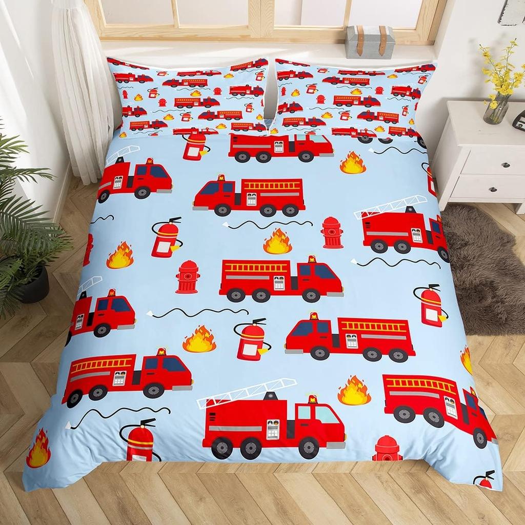 Fire Truck Duvet Cover Twin Queen Size,Kids Cute Car Road Traffic Print Comforter Cover Cartoon City Map Firefighter Bedding Set