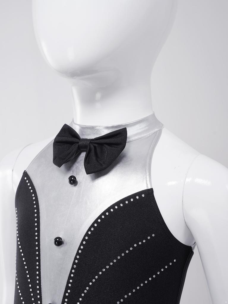 Kids Girls Sparkly Dance Jumpsuit Metallic Patchwork Rhinestone Color Block Design Sleeveless Stage Wear