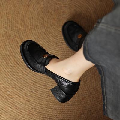 Версия из коровьей кожи~ натуральная кожа ретро камелия лоферы на одном педале женские 2025 новые маленькие кожаные туфли на толстом высоком каблуке