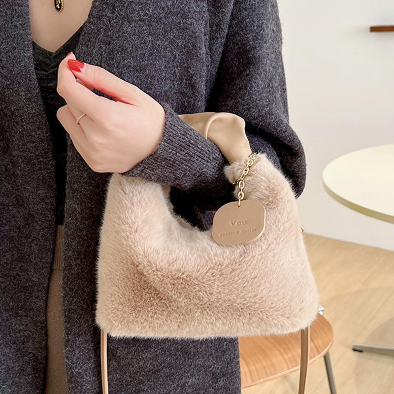 Yogodlns Women Faux Fur Plush Handbags Ruched Handle Small Lady Shoulder Crossbody Bag Casual Half-Moon Hobos Winter Bags for Women