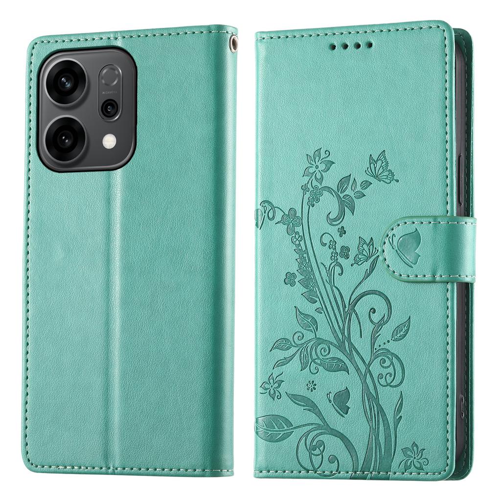 Для Oppo Reno14 5G (Глобальный) Чехол-кошелек с цветочным тиснением в виде бабочки, из искусственной ПУ кожи, чехол для телефона с ремешком на запястье