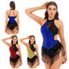 Women Sequin Mesh Patchwork Camisole Ballet Leotard Crisscross Back Tassel Hem Gymnastic Dance Dress