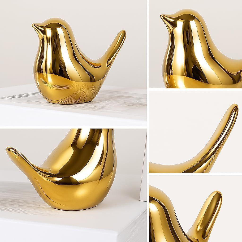 Ceramic Golden Blessing Birds Figurine for Home Decor | Living Room, Bedroom, Office Desk, Cabinets - (Pack of 4, Golden)