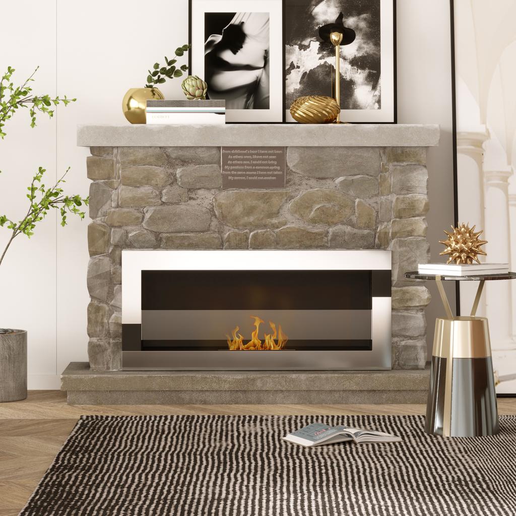 Bioethanol Fireplace in Stainless Steel, 2.5h of Combustion with 1.5L Tank and 20m² Coverage, 90x16x40 cm, Silver