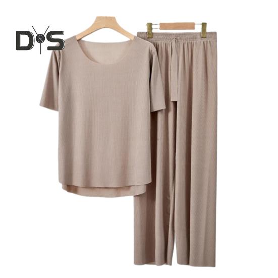 Комплект из 2 предметов: летняя пижама, футболка с коротким рукавом и круглым вырезом, эластичный пояс, длинные брюки, однотонная пижама из ледяного шелка