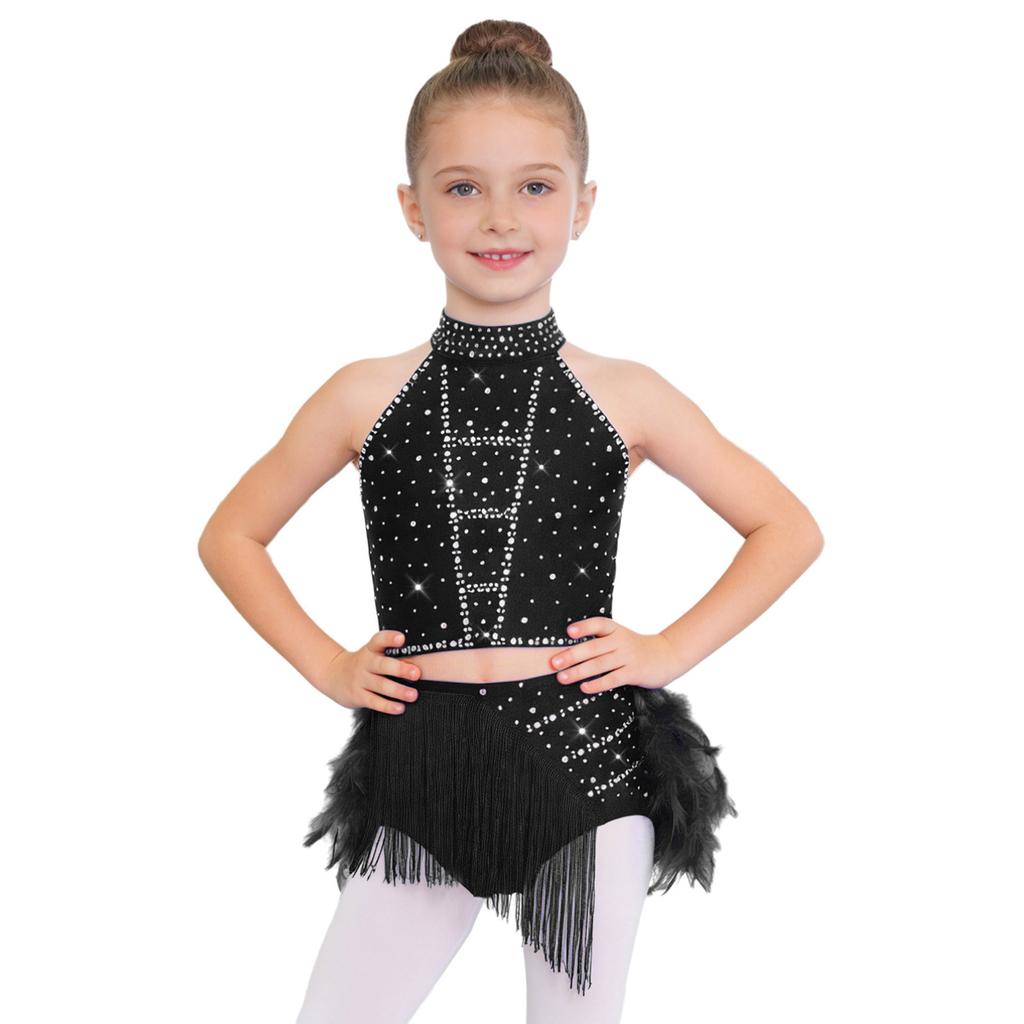 Блестящий костюм для танца с кисточками и перьями для девочек: Укороченный топ-халтер со спинкой на бретельках и юбка с эластичным поясом для сценического выступления