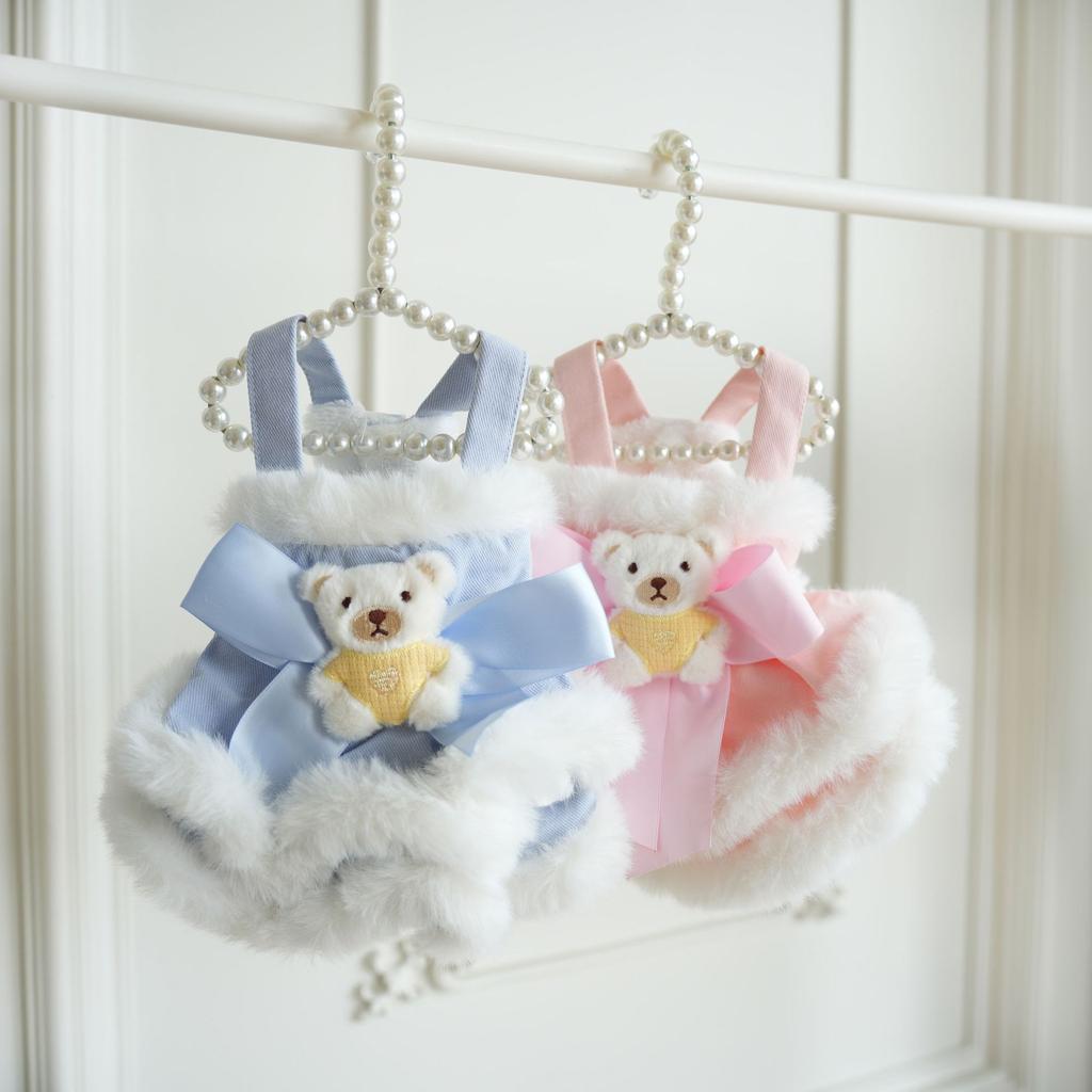 Осенне-зимнее плюшевое кружевное платье на бретельках для домашних животных, милое пальто с медведем, шерстяная юбка с медведем на бретельках, одежда для маленьких собак в виде плюшевого мишки