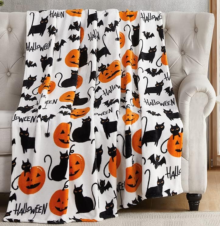 Spooky Season Bat Print Blanket Cozy Flannel Throw for Halloween Decor Perfect for Sofa Office Travel