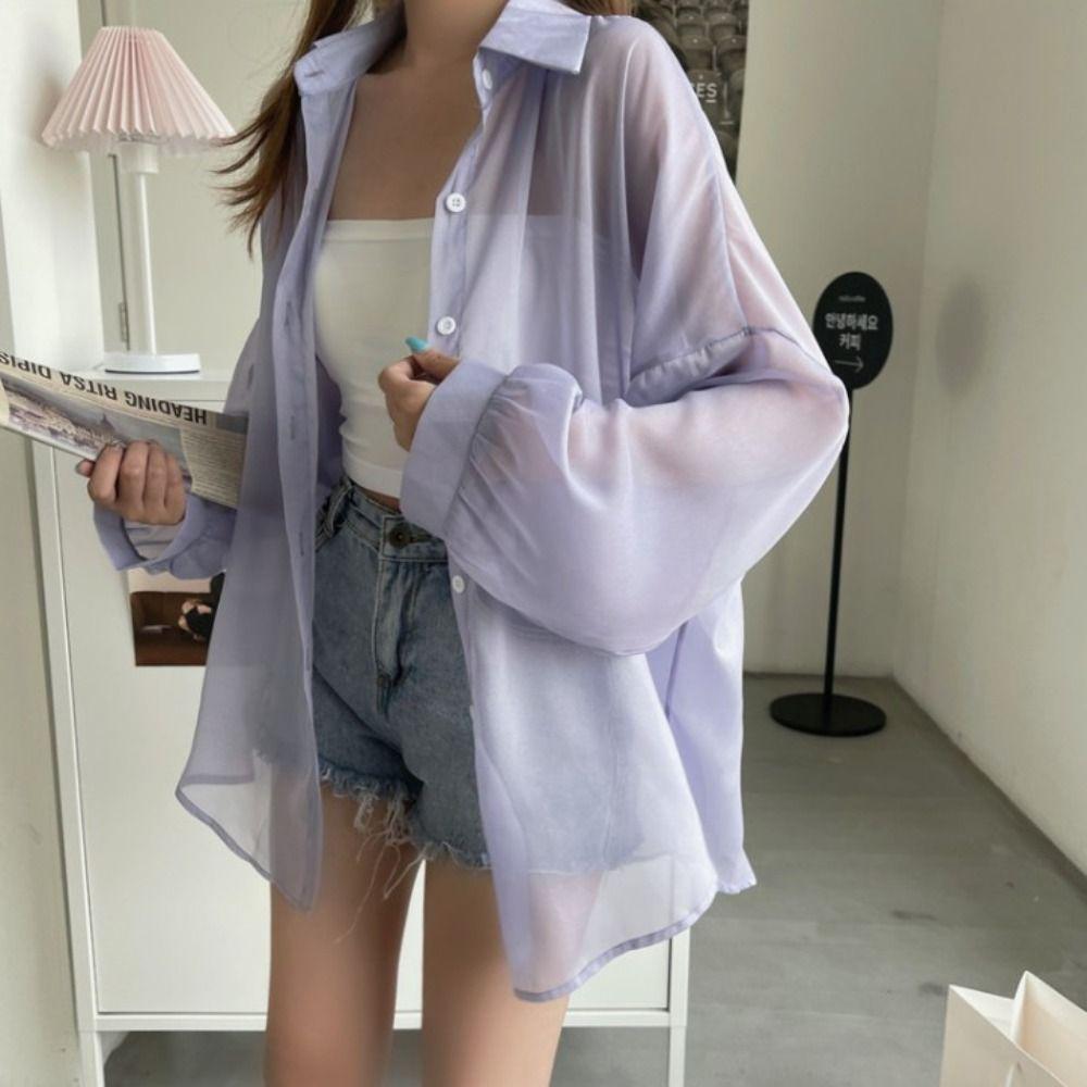 Chiffon Women Shirt Blouse Solid Color Female Loose Cardigan Casual Long Sleeve Top