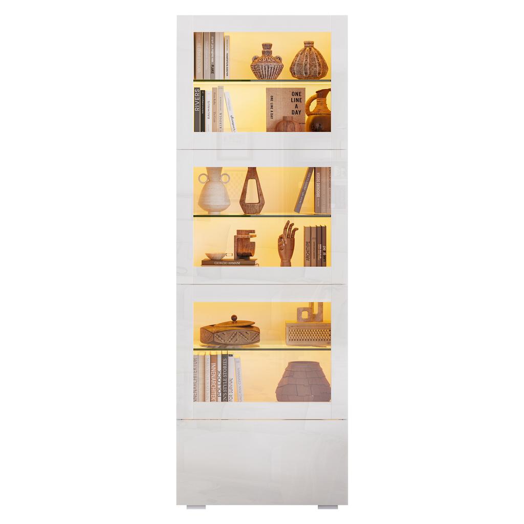 60*40*173cm Display Cabinet with Acrylic Cabinet Door, High-Gloss, LED Lighting, 3 Glass Shelves, White