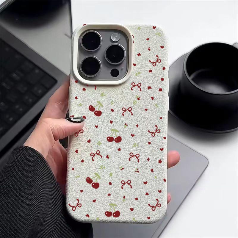 Мягкий матовый чехол с принтом в виде вишневого банта для iPhone 16 Pro Max 15 Pro 14 13 12 11 TPU кожаная текстура противоударный тонкий чехол для телефона