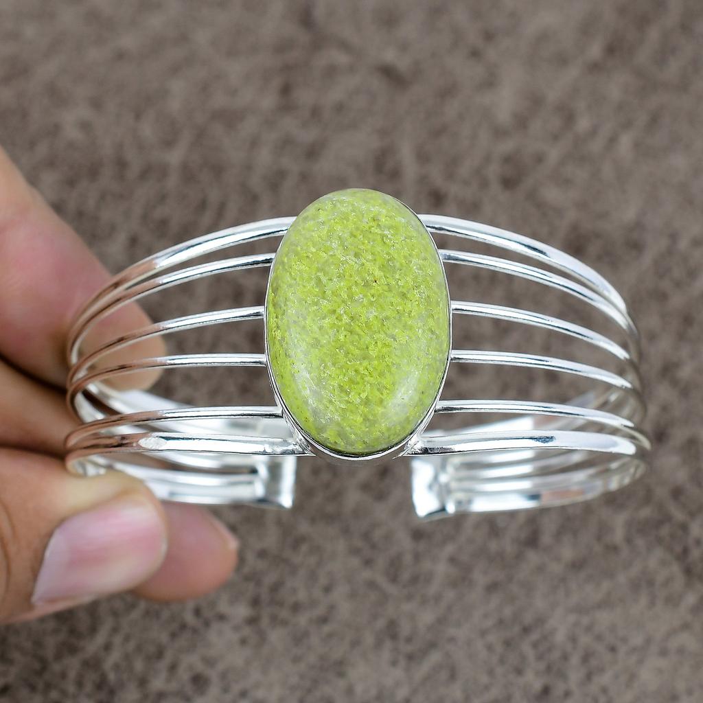 Swiss Green Opal Gemstone 925 Sterling Silver Cuff Bangle Adjustable KKG-218