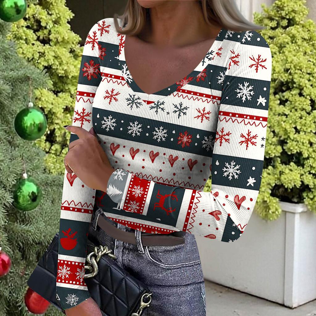 Women's Winter Slim-Fit Base Layer T-Shirt Fashionable Christmas Print V-Neck Pullover Long-Sleeved Top
