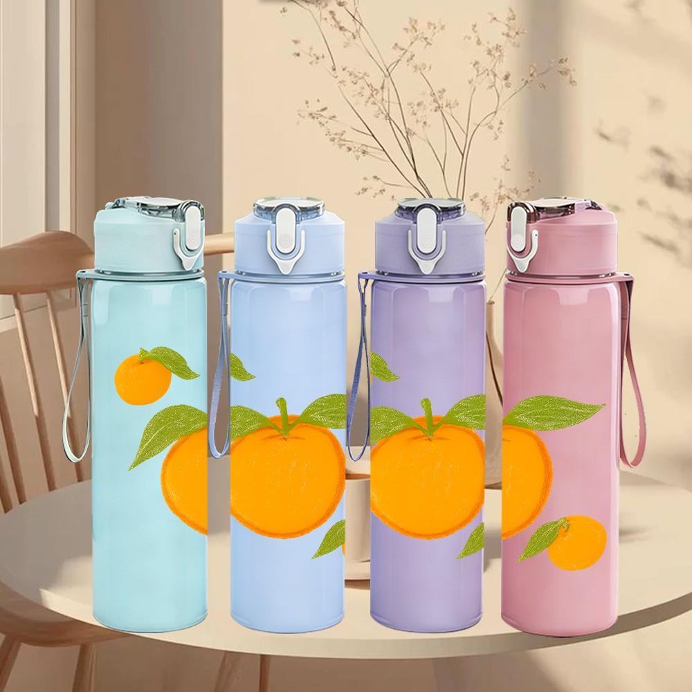 1PC Fresh Orange Citrus Fruit Layout 750ml Color Plastic Sports Water Bottle Leakproof Flip Straw Lid For Sports Office Home Use
