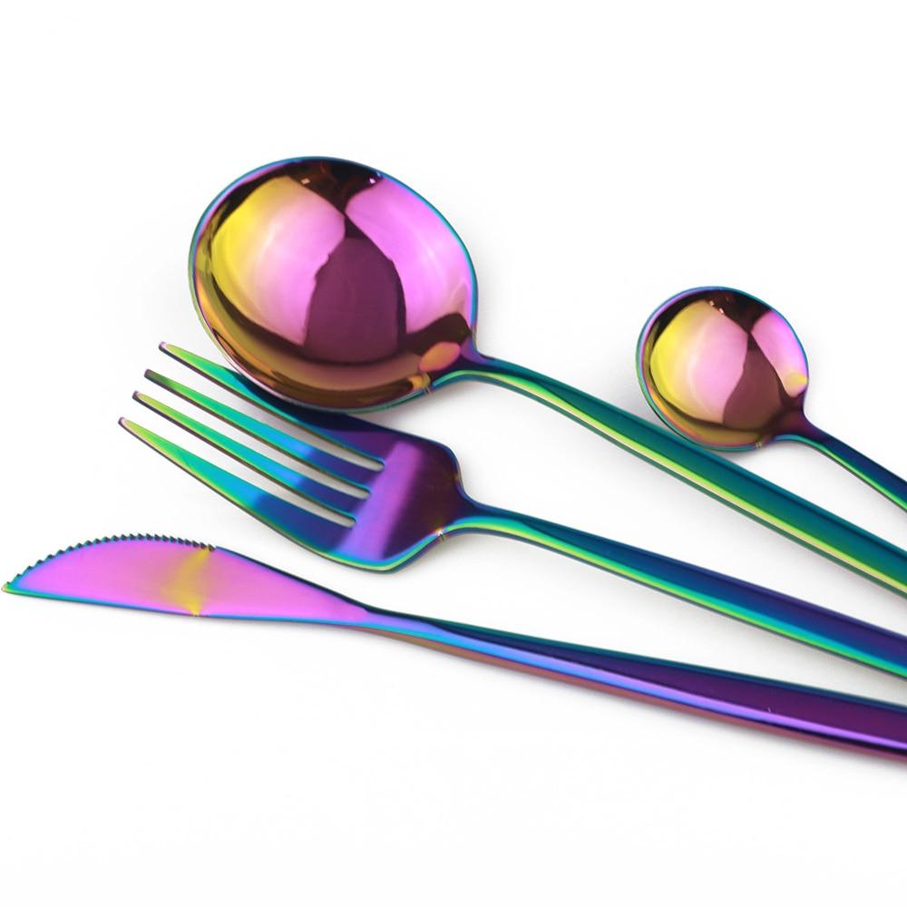 4 шт. черный набор столовых приборов из нержавеющей стали, столовые приборы Радужный обеденный набор, нож, вилка, ложка, набор столового серебра, кухонное зеркало, набор посуды